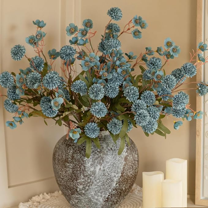 Fake Kiku Flowers, Faux Silk Pompon Mums Artificial Flowers, Chrysanthemum - Image 3
