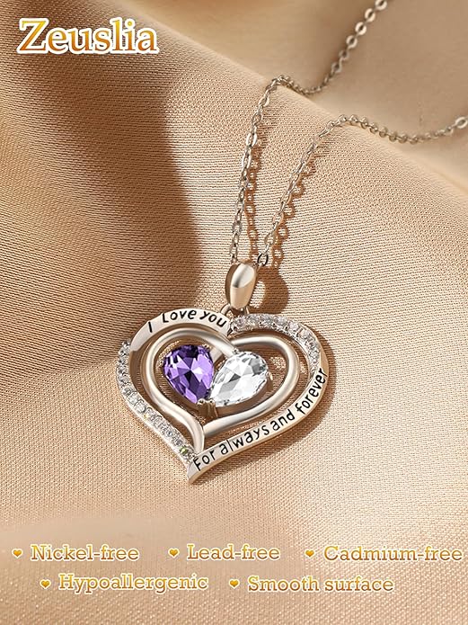 Valentine's Day Gifts for Wife 925 Sterling Silver Double Birthstone Pendant Necklaces I Love You for Always and Forever Necklace Anniversary Birthday Gifts for Wife Girlfriend Mom Her