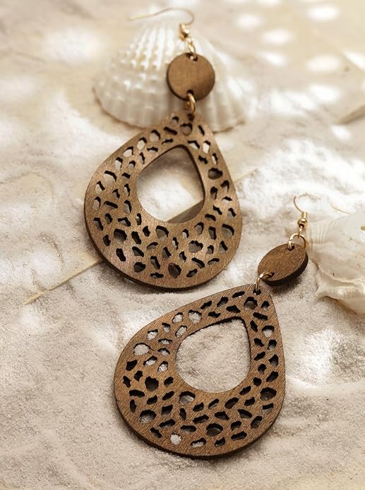 MINACHI Bohemian Hollow Cut-Out Wood Leather Dangle Drop Earrings, Boho Chic Hippie Statement Jewelry Gift for Women
