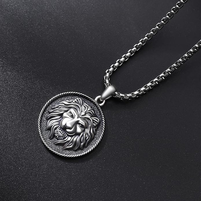Cuoka Lion Necklace for Men Women S925 Sterling Silver King Retro Punk Gothic Hip Hop Rock Animal Lion Head Pendant Charm Jewelry Chain Necklace Viking Protection Amulet Necklaces