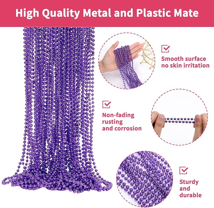 Mardi Gras Beads Necklaces, 33 Inch Plastic Beads for Party Favors, Festival Decorations, Parade Throws, Christmas, St. Patrick's Day Celebrations