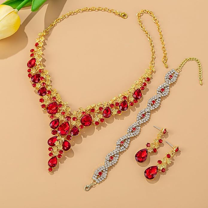 Wedding Bridal Bridesmaid Austrian Crystal Rhinestone Jewelry Sets Statement Choker Necklace Earrings Bracelets Sets for Wedding Party Prom