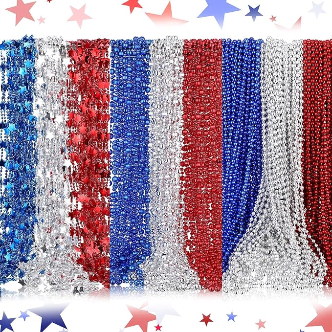 Kigeli 300 Pcs 4th of July Beads Necklaces Bulk Patriotic Red White Blue Beads Necklaces for Independent Day Party Favors Memorial Day Veterans Parade Throw Accessories(Classic Color,Stylish)