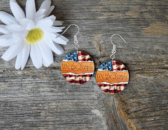 Round Wood Earrings Light Weight Printed Image Dangle Jewelry
