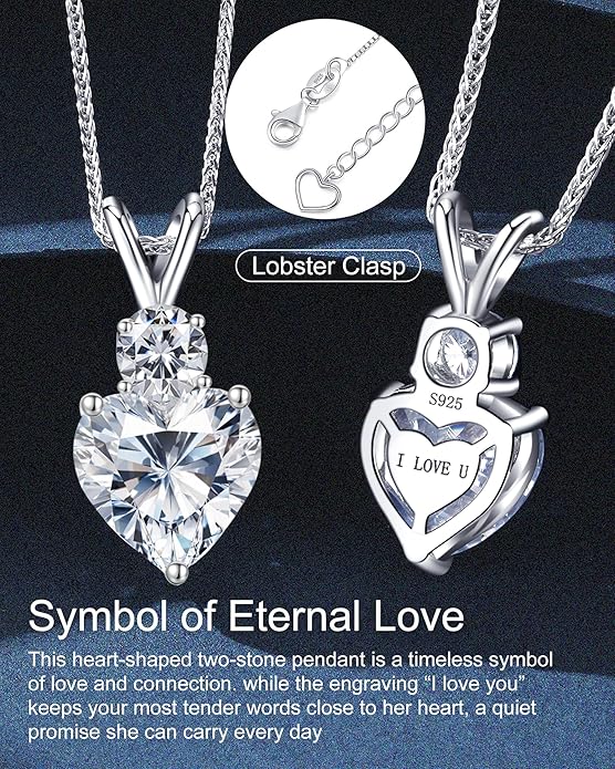 Forever Love Heart Pendant Necklaces for Women, 2-5 Carat Heartshape Moissanite Sterling Silver Pendant Jewelry, Ideal Anniversary Present or Birthday Gifts for Wife Her Girlfriend Mom Daughter
