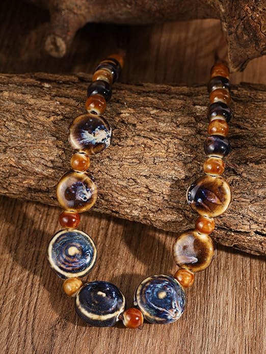 MINACHI Boho Hippie Round Ceramic Beads Strand Necklace, Vintage Bohemian Summer Beach Jewelry Gift for Women