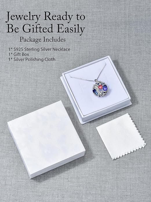 TOUPOP s925 Sterling Silver Family Celtic Tree of Life Pendant Necklaces with 2 Heart Birthstone with Blue Austrian Crystal Jewelry Birthday Valentines Day Gifts for Her, Anniversary Christmas Gifts for Wife Girlfriend Mom (18K Real White Gold Filled)