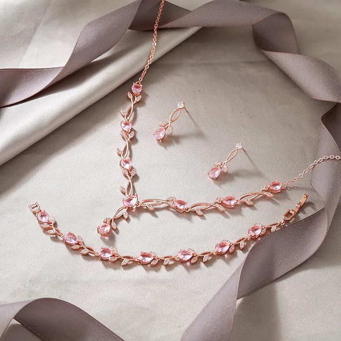 EVER FAITH Bridal Cubic Zirconia Jewelry Sets for Women, White Simulated Pearl Leaf Vine Pendant Wedding Party Necklace Earrings Set for Bridesmaid Bride