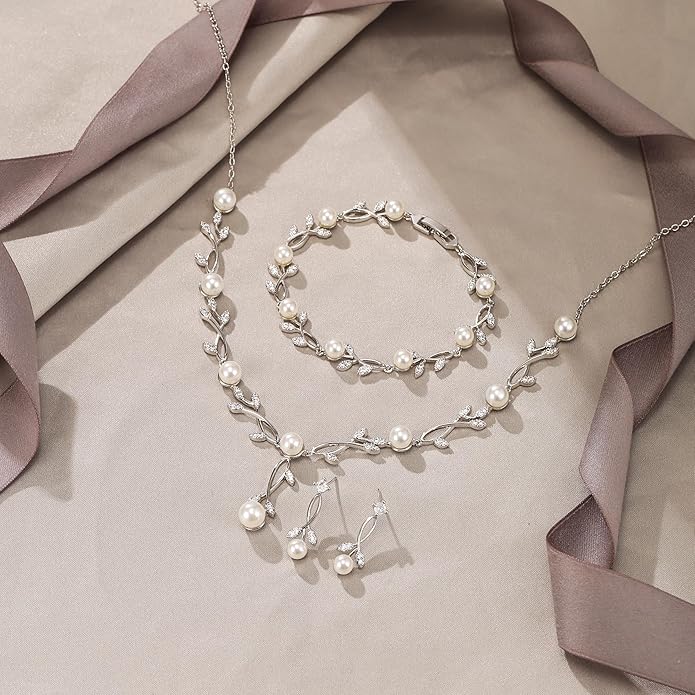 EVER FAITH Bridal Cubic Zirconia Jewelry Sets for Women, White Simulated Pearl Leaf Vine Pendant Wedding Party Necklace Earrings Set for Bridesmaid Bride