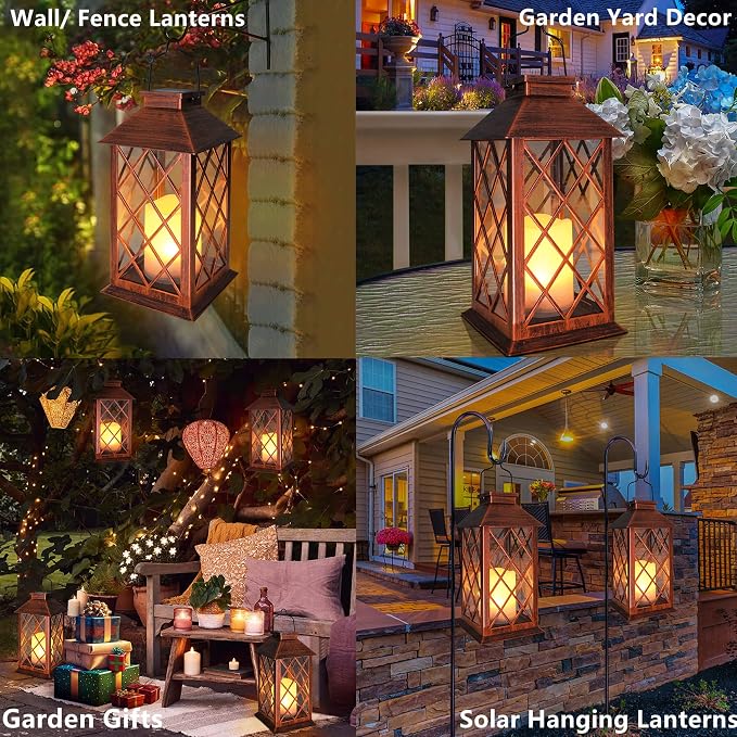 14" Solar Lanterns Outdoor Garden Lantern Waterproof LED Flickering Flameless - Image 2