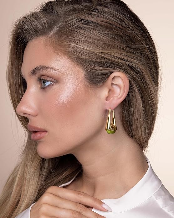 Long Oval Chunky Dangle 18K gold plated Hoops with Colored Resin Gemstone Statement Earrings for Women by SNGIA, (Green, Brown, Blue, Pink, White, Cream), Bold Drop Handmade Exaggerated Irregular Trendy Bohemian Jewelry Gifts, Unique Dangling Teardrop ...