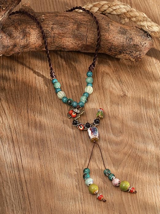 MINACHI Vintage Bohemian Hippie Ceramic Beads Crescent Moon Lariat Necklace, Boho Hippie Statement Jewelry Gift for Women