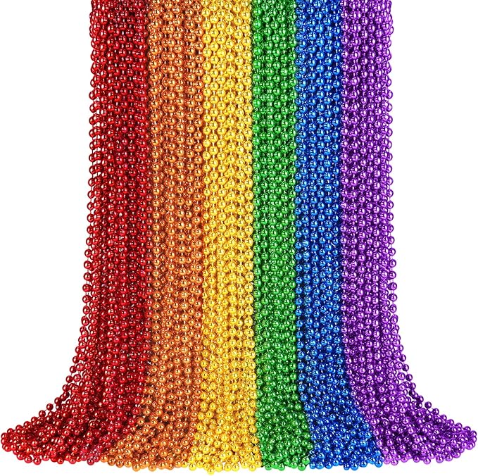 100PCS Pride Beads Necklaces Bulk, 33" 7mm Pride Beads Stuff, LGBTQ Metallic Rainbow Beaded Necklace, Pride Accessories for Women Men Parade Throw, Gay Lesbian Pride Month Party Favors (6 Colors)