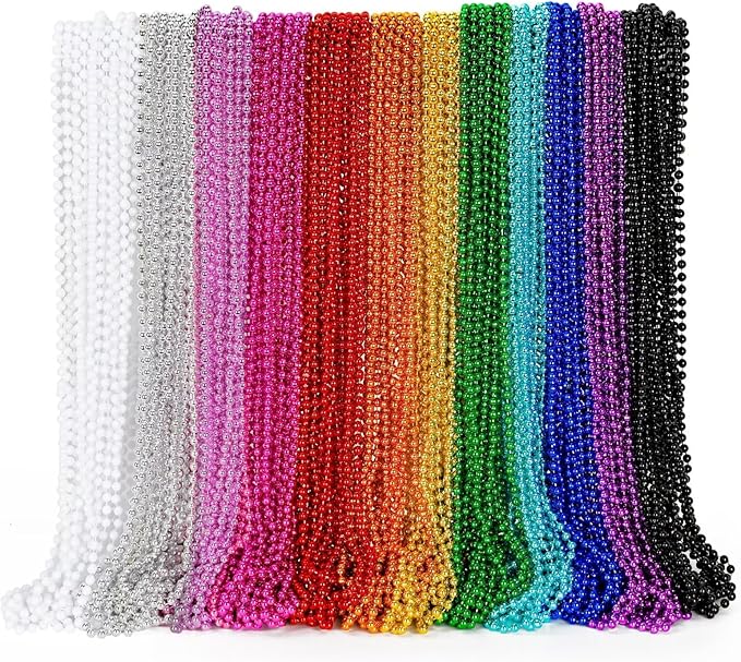 144PCS Mardi Gras Beads, Metallic 12 Kinds Bead Necklace Party Supplies, 33" Mardi Gras Necklace Costume Stuff, Festival Parade Throw Accessories for Wedding Birthday Celebrations Decorations