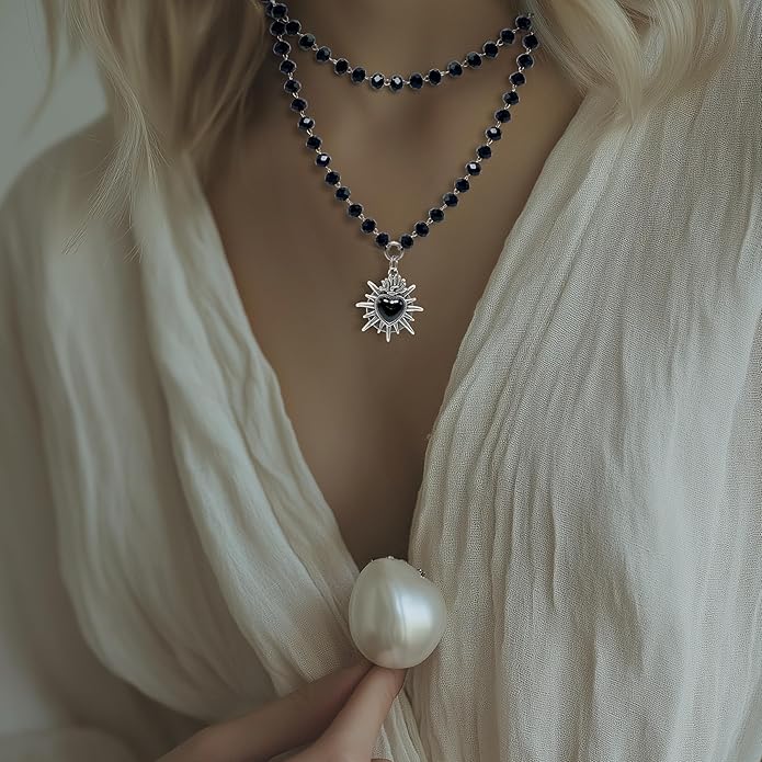 Black Stylish Gothic Necklace, Layered Beads Sun Necklace for Women, Black Bead Onyx Necklace, Goth Jewelry for Biker, Hiphop Punk Style for Women, Teenage