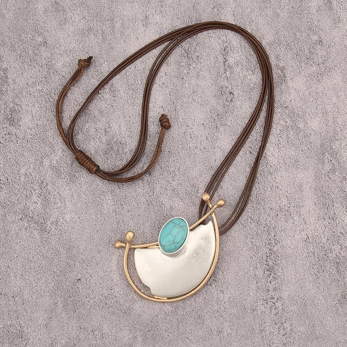 GelConnie Leather Necklace for Women Large Pendant Long Brown Necklace Circle Leather Choker Vintage Sweater Necklace Gold Chunky Boho Necklaces for Women