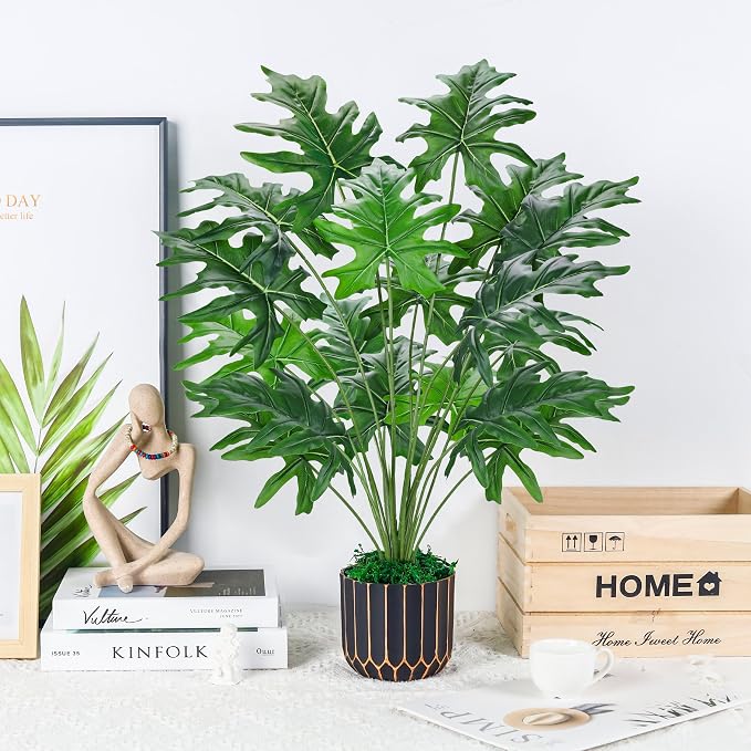 Der Rose 28" Artificial Plants Indoor, Philodendron Plant in Black Gold Pot | - Image 6
