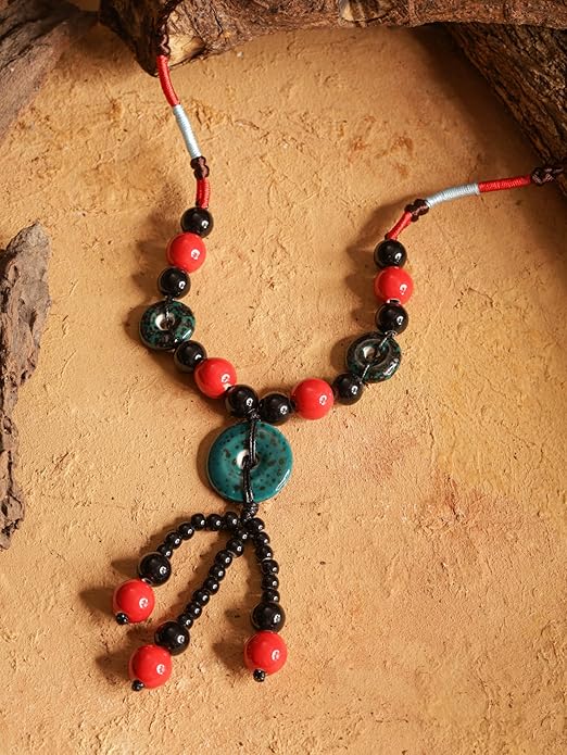 MINACHI Boho Hippie Colorful Ceramic Beads Strand O Ring Circle Charm Long Y Necklace, Vintage Bohemian Statement Jewelry Gift for Women