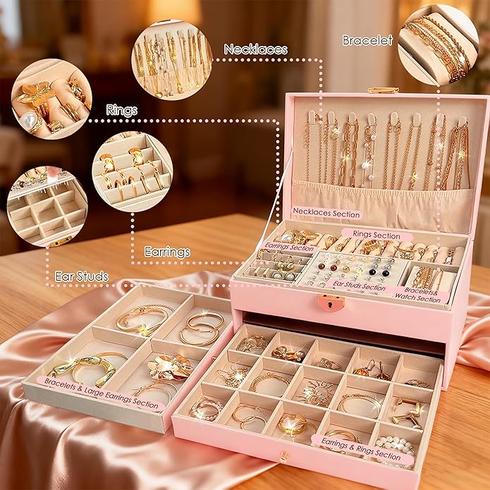 SMUOBT Jewelry Box with Jewelry Set for Women Men - Large Multi-Layer Jewelry Organizer Storage Case with Drawers, Necklace Bracelet Hoop/Stud Earrings Rings Gift Set for Her Him, Unique Birthday Party Gift (Gold/Black Silver)