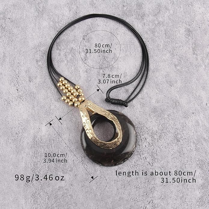 GelConnie Leather Necklace for Women Large Pendant Long Brown Necklace Circle Leather Choker Vintage Sweater Necklace Gold Chunky Boho Necklaces for Women