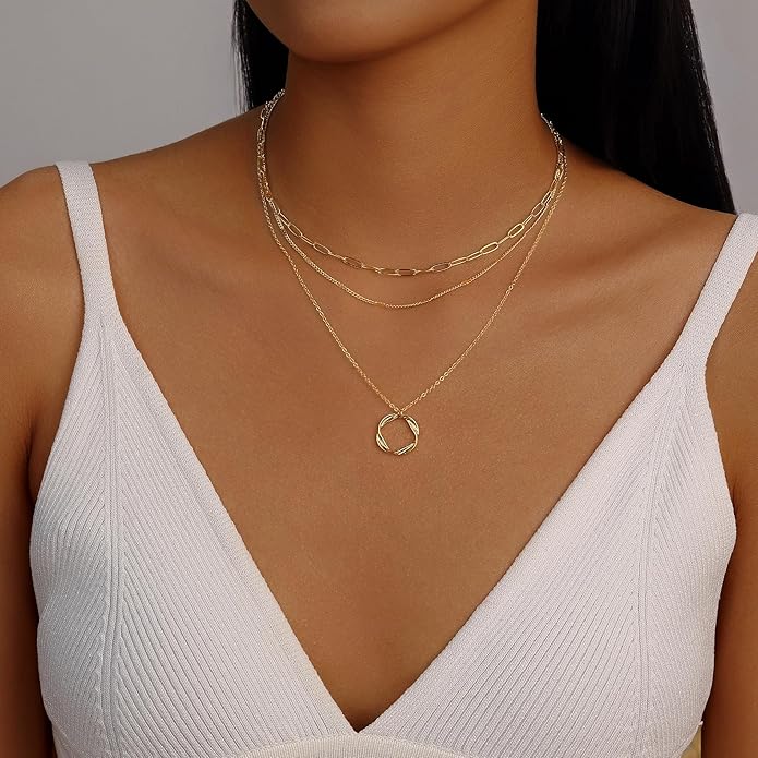 Evabelle Gold Layered Necklace for Women Trendy Jewelry 14K Real Gold Plated Chunky Chain Stackable Necklaces Dainty Choker Necklaces Rectangle Square Pendant