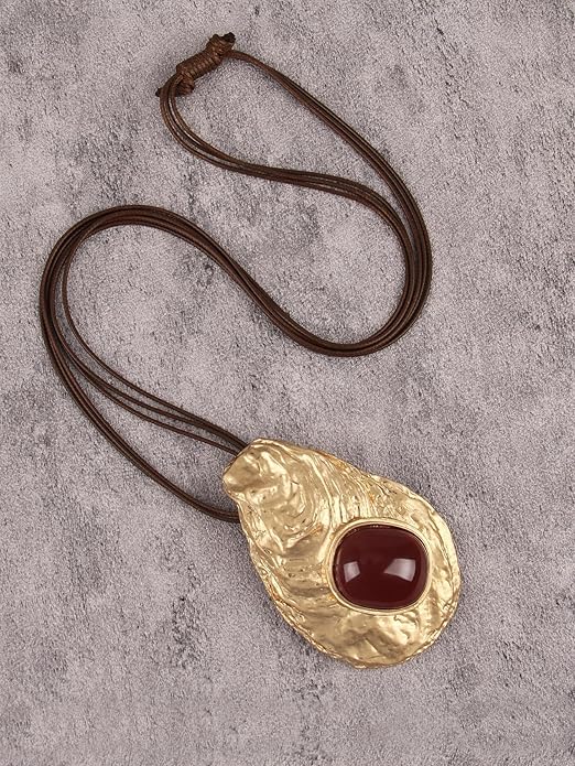 GelConnie Leather Necklace for Women Large Pendant Long Brown Necklace Circle Leather Choker Vintage Sweater Necklace Gold Chunky Boho Necklaces for Women