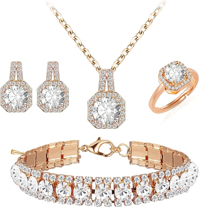 4pcs Cubic Zirconia Wedding Jewelry Sets for Bride Bridesmaid Cubic Zirconia Pendant Necklace Earrings Link Tennis Bracelet Open Ring Set for Women
