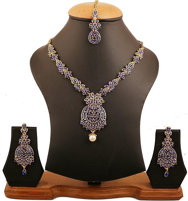 Touchstone Indian jewelry sets for women maang tikka wedding guest gold necklace bollywood jewellery set pageant elegant prom bride accessories western crystal chunky rhinestone necklaces