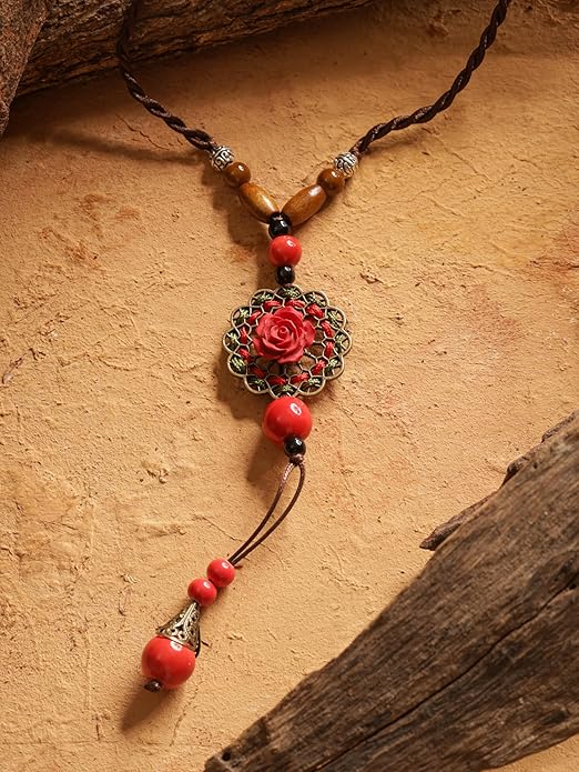 MINACHI Vintage Bohemian Colorful Ceramic Bead Antique Flower Y Necklace, Vintage Boho Hippie Statement Jewelry Gift for Women