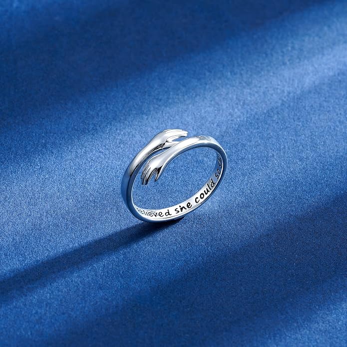 Yesteel S925 Sterling Silver Hug Ring for Women Teen Girls, Adjustable Ring Jewelry Mothers Day Birthday Gifts for Daughters Mom Sister Wife Friends Grandma