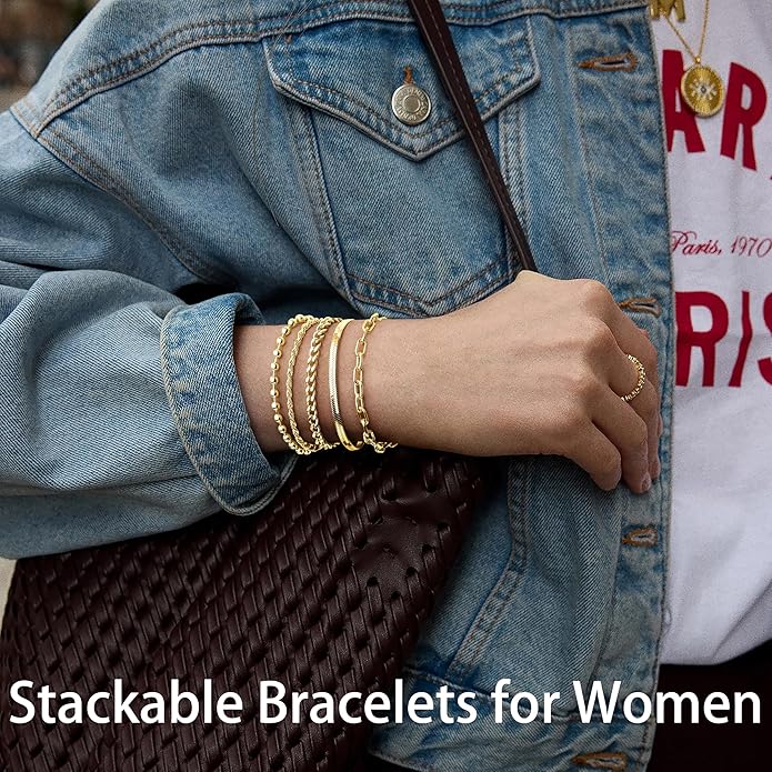 Gold Bracelets Set for Women Stack, Dainty Thick Bracelets Stack for Women Trendy, Simple Thin Gold Plated Cuff Stackable Bracelets With Beaded Cuban Paperclip Snake Rope Bangle Hand Chain Jewelry Gifts for Women Non Tainish