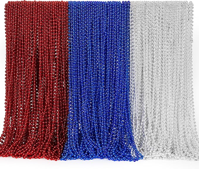4th of July Accessories, 144PCS Independence Day Bead Necklaces, Metallic Patriotic Red Blue White Necklace, 4th of July Necklace for Memorial Day Patriotic Parades Party Favors Supplies
