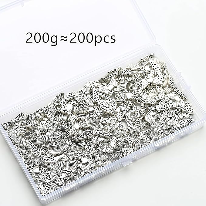 Dahi 200pcs Angel Wing Beads Tibetan Alloy Fairy Wing Charms Wings Spacer Loose Beads Silver Wings Beads for Jewelry Making-DIY Bracelets Earrings Supplies