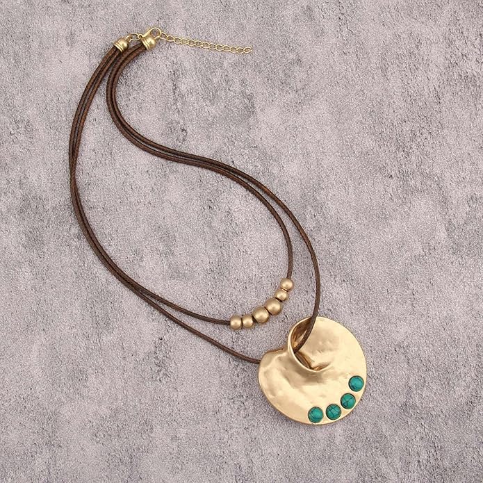 Boho Necklaces for Women Chunky Circle Necklace Layered Boho Circle Leather Choker Necklace Long Vintage Necklaces Bohemian Jewlery Gifts