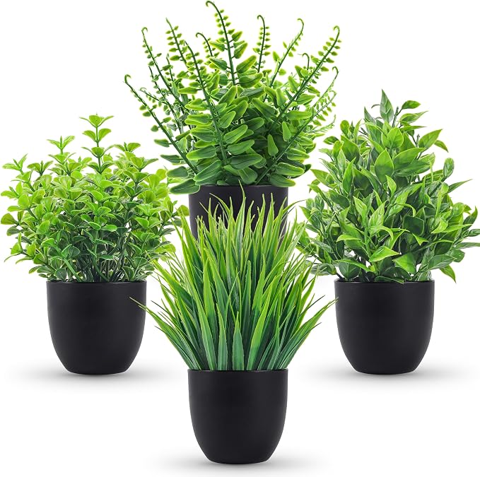 Der Rose 4 Pack Small Fake Plants in Black Pots, Bathroom Office Decor | by DerRose