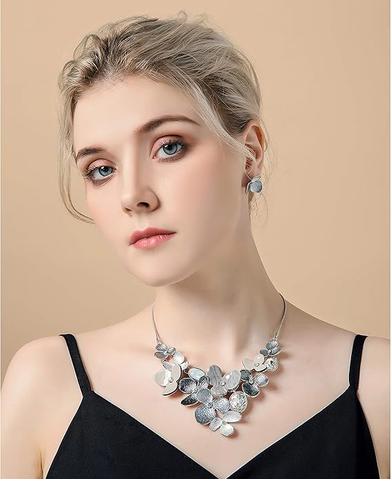 AMYJANE Vintage Statement Jewelry Set - Spring Leaf Flower Floral Plant Necklace Earring Set Crystal Rhinestone Fashion Costume Jewelry for Women Prom Party Unique Gift