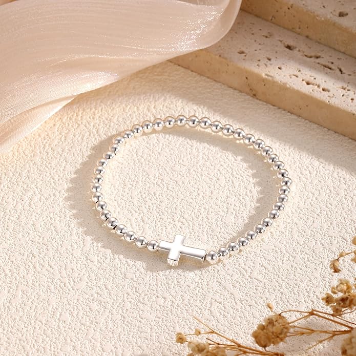 Gold Bracelets for Women, Cute 14K Gold/Silver Plated Stretch Beaded Bracelets for Women Trendy Stackable Charm Bracelet Dainty Adjustable Waterproof Non Tarnish Jewelry Gifts for Her