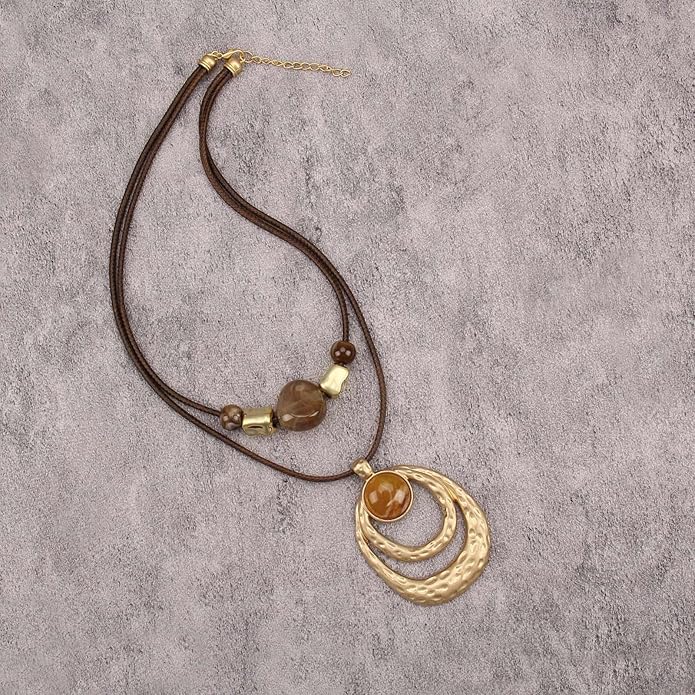 Boho Necklaces for Women Chunky Circle Necklace Layered Boho Circle Leather Choker Necklace Long Vintage Necklaces Bohemian Jewlery Gifts
