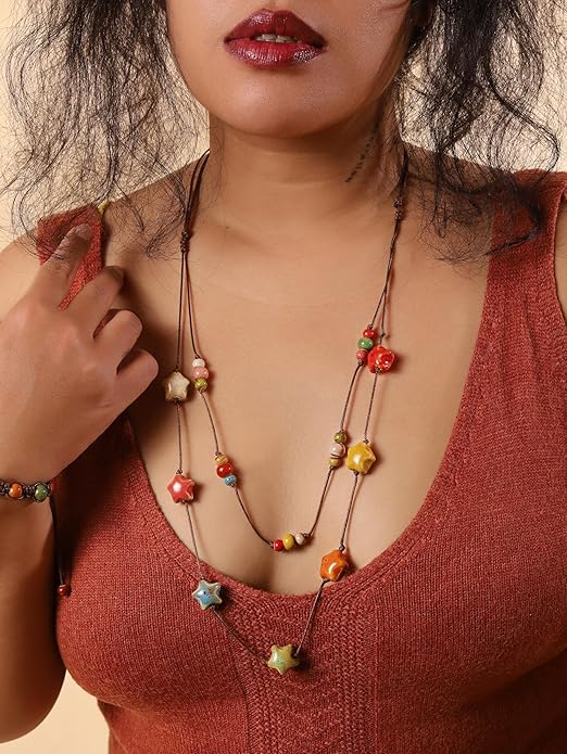 MINACHI Hippie Boho Double Layered Colorful Ceramic Heart Round Bead Necklace, Bohemian Jewelry Gifts for Women