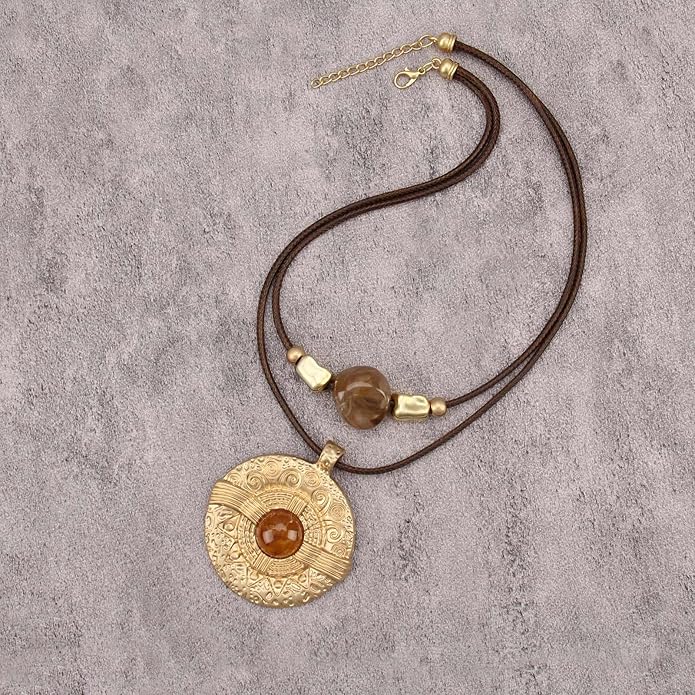 Boho Necklaces for Women Chunky Circle Necklace Layered Boho Circle Leather Choker Necklace Long Vintage Necklaces Bohemian Jewlery Gifts