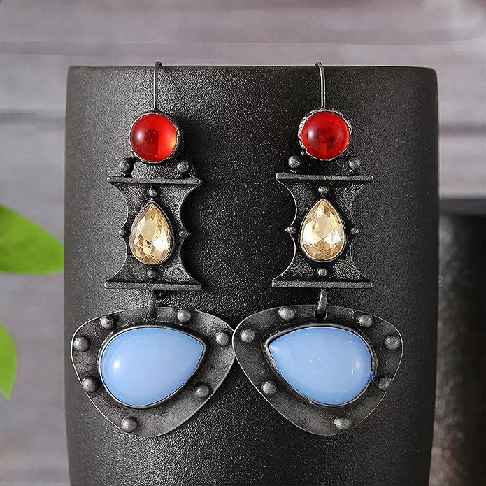 Multi-Color Gemstone Drop Earrings, Dangle Style, Hook Design
