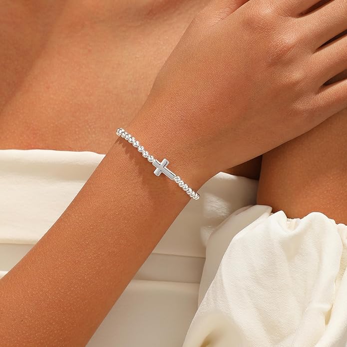 Gold Bracelets for Women, Cute 14K Gold/Silver Plated Stretch Beaded Bracelets for Women Trendy Stackable Charm Bracelet Dainty Adjustable Waterproof Non Tarnish Jewelry Gifts for Her