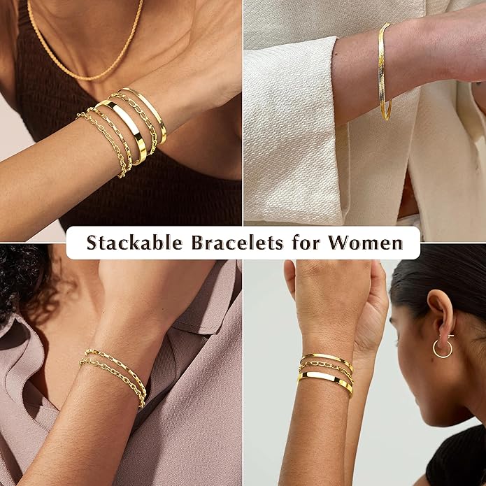 Gold Bracelets Set for Women Stack, Dainty Thick Bracelets Stack for Women Trendy, Simple Thin Gold Plated Cuff Stackable Bracelets With Beaded Cuban Paperclip Snake Rope Bangle Hand Chain Jewelry Gifts for Women Non Tainish