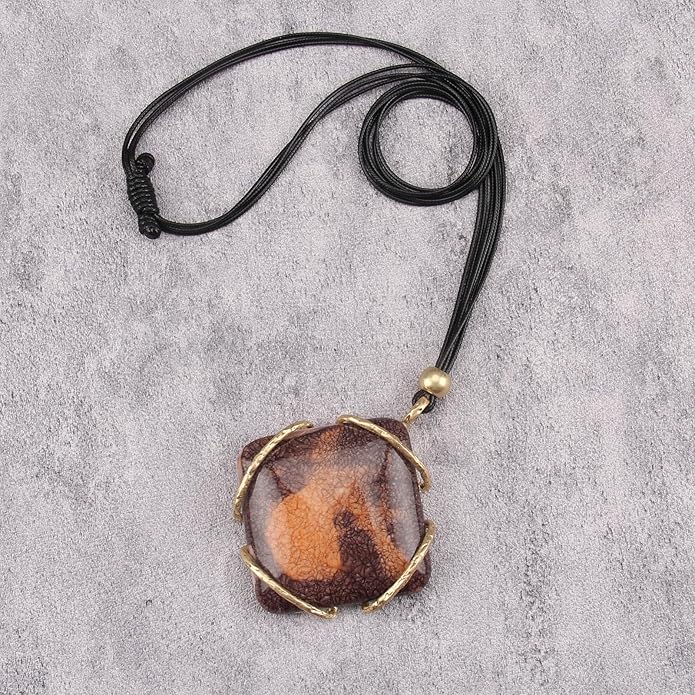 GelConnie Leather Necklace for Women Large Pendant Long Brown Necklace Circle Leather Choker Vintage Sweater Necklace Gold Chunky Boho Necklaces for Women