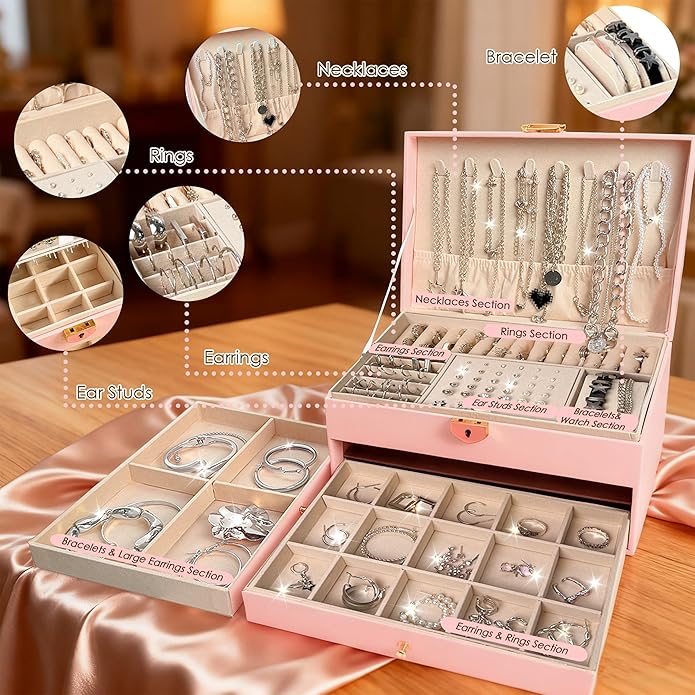 SMUOBT Jewelry Box with Jewelry Set for Women Men - Large Multi-Layer Jewelry Organizer Storage Case with Drawers, Necklace Bracelet Hoop/Stud Earrings Rings Gift Set for Her Him, Unique Birthday Party Gift (Gold/Black Silver)