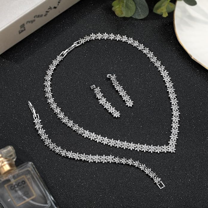 Hadskiss Jewelry Set for Women, Necklace Dangle Earrings Bracelet Set with White AAA Cubic Zirconia, Allergy Free Wedding Party Jewelry for Bridal Bridesmaid