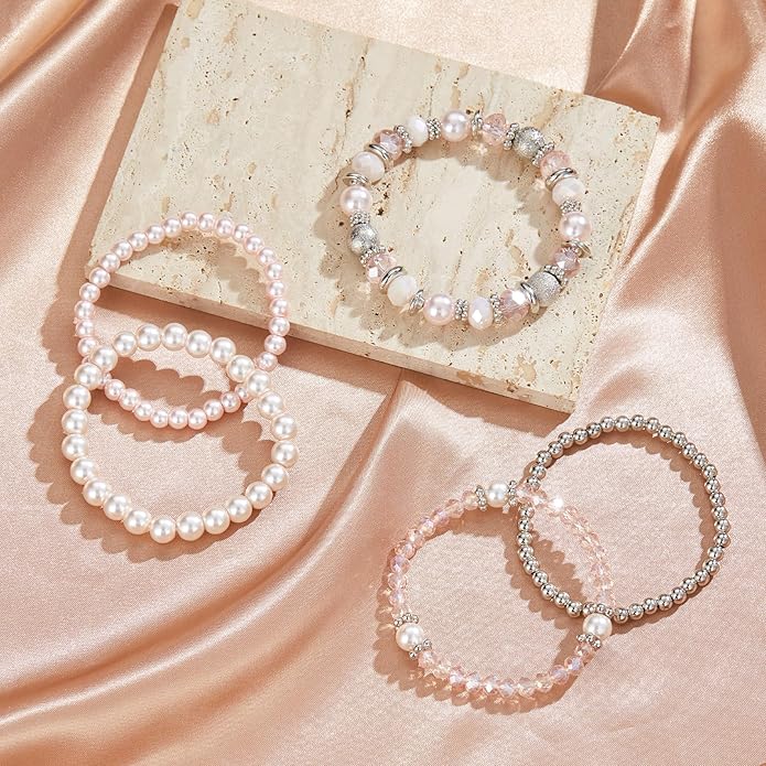 Noessla Beaded Pearl Stretch Bracelet Silver Stackable Crystal Beads Bracelets Trendy Costume Jewelry Mothers Day Gifts for Women