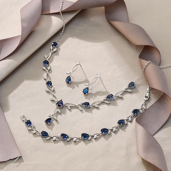 EVER FAITH Bridal Cubic Zirconia Jewelry Sets for Women, White Simulated Pearl Leaf Vine Pendant Wedding Party Necklace Earrings Set for Bridesmaid Bride