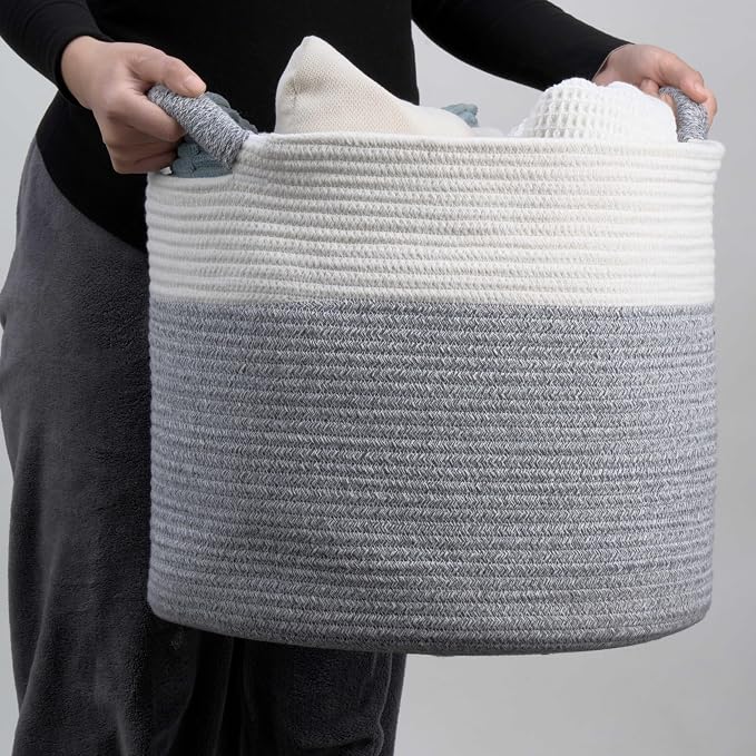 Blanket Basket for Living Room, Woven Rope Storage Basket | 16"D x 14"H | White - Image 8