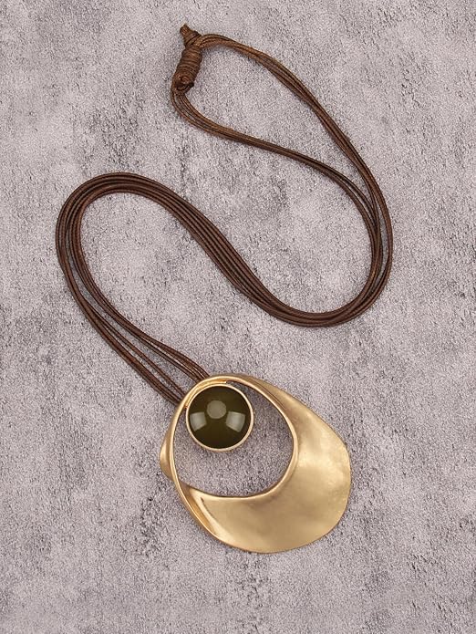 GelConnie Leather Necklace for Women Large Pendant Long Brown Necklace Circle Leather Choker Vintage Sweater Necklace Gold Chunky Boho Necklaces for Women